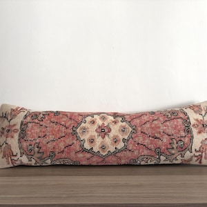 Long Lumbar Pillow Cover, Vintage Turkish Rug, Wool Farmhouse Pillow (12x40)