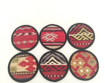 Vintage Kilim Coasters Set de 6 -Posavasos de té -Posavasos de bebidas -Posavasos de café -Posavasos étnicos -Posavasos decorativos -Posavasos turcos