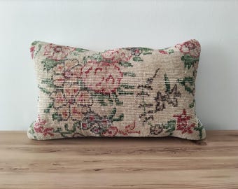 Muted Pillow Cover 12x20 -Embroidered Pillow -Vintage Pillow -Lumbar Pillows -Antique Pillow -Handwoven Pillow- Kilim Pillow For Couch