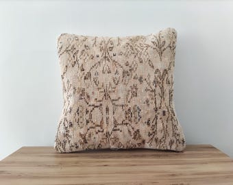 Vintage Turkish Rug Pillow Cover, Beige Kilim Pillow, Farmhouse Decor (20x20)