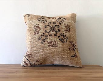 Handwoven Turkish Pillow Cover, Vintage Wool Rug Cushion, 18x18