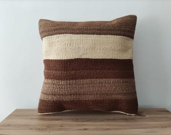 Vintage Turkish Kilim Pillow Cover, Striped Wool, 20x20 Farmhouse Decor