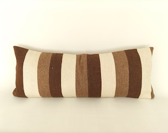 Fodera per cuscino lombare Kilim 14x36 - Cuscino decorativo per il letto - Cuscino rustico a righe - Cuscino tessuto a mano - Cuscino marrone crema - Cuscino stile rustico vintage