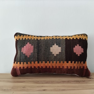 Decorative Throw Pillow, Vintage Kilim Pillow, Textured Pillow For Couch, Lumbar Pillow Cover, Handwoven Ethnic Pillow, Boho Kilim Pillow