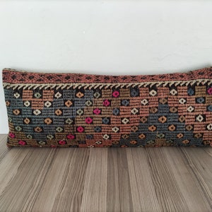 Decorative Pillow, Queen Bed Pillow, Long Lumbar Pillow, Kilim Cushion Cover, Embroidered Pillow, 14x36 Handwoven Kilim Pillow, Boho Pillow