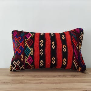Vintage Turkish Kilim Lumbar Pillow Cover, Boho Rug Pillow 12x20