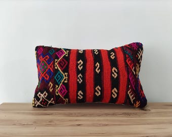 Decorative Rug Pillow, Lumbar Pillow Cover 12x20, Boho Pillow, Turkish Kilim Pillow, Kilim Cushion Cover, Pillow For Couch, Vintage Pillows