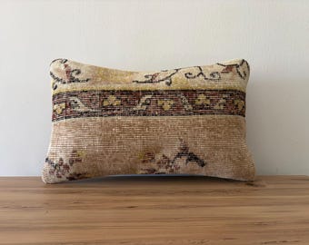 Vintage Turkish Kilim Lumbar Pillow Cover, Handwoven Wool (12x20)