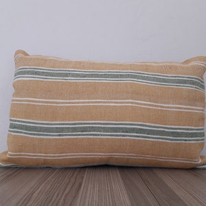 Beige Lumbar Pillow Cover 12x20, Green White Striped Pillow, Decorative Pillow, Modern Throw Pillow, Handwoven Pillow, Turkish Kilim Pillow