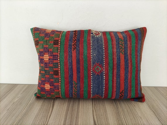 Vintage Kissenbezug 60x70 cm - Großes Lendenkissen -Besticktes Kissen -Boho Kelim Kissenbezug -Handgewebter Kelim Kissenbezug