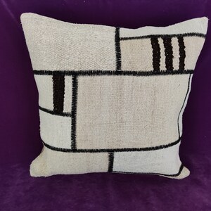 Black Striped Patchwork Pillow 20x20 -Beige Cream Pillow -Accent Pillow-Couch Pillow -Large Throw Pillow -Hemp Kilim Pillow-Farmhouse Pillow