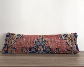 Vintage Turkish Rug Lumbar Pillow Cover, Handwoven Wool 12x40