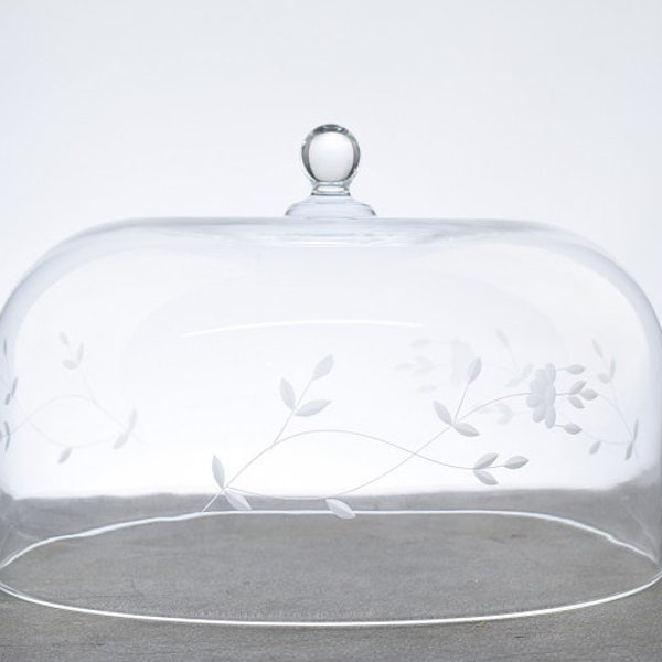 Beautiful Glass Dome / Cake Cover With Engraved Flowers Tall 28 cm x 29 cm