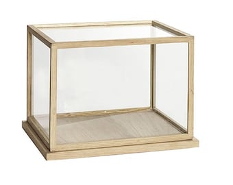 Grande vitrine en verre en chêne avec piètement en bois bas 29 cm