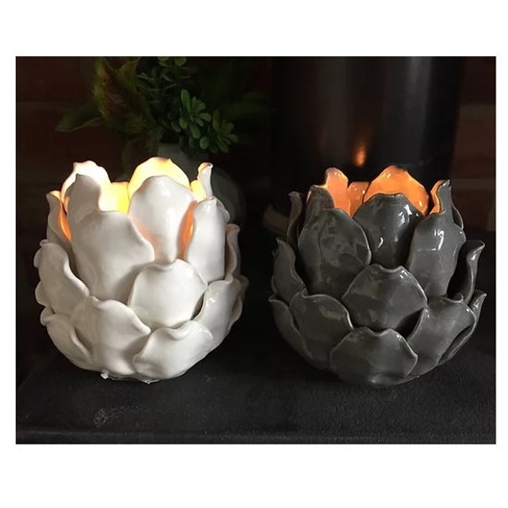 White Ceramic Artichoke T lite Holder By Gisela Graham