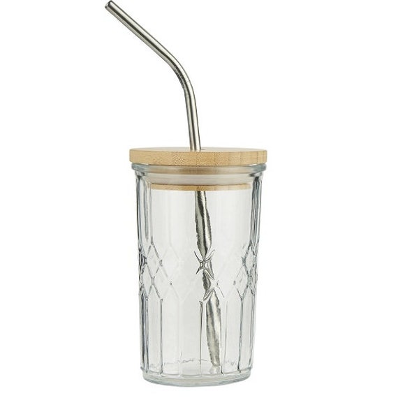 Glass Tumbler With Bamboo Lid and Stainless Steel Straw Set of 2