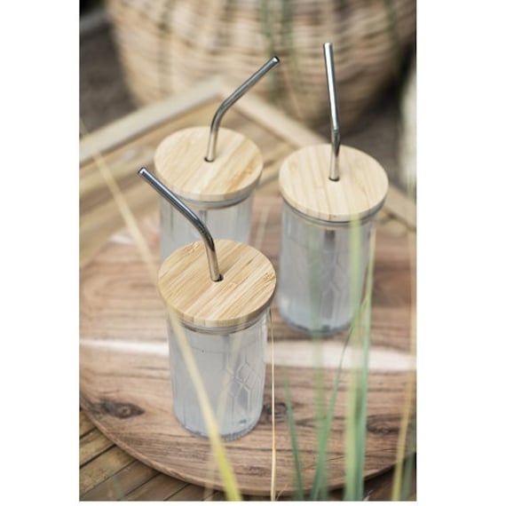 Glass Tumbler With Bamboo Lid and Stainless Steel Straw Set of 2 by Ib  Laursen 