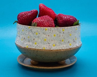Handmade Daisy Berry Bowl Strainer with Plate | White & Yellow Glazes