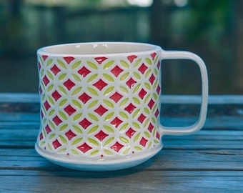 Handmade Textured Mosaic Mug | Red & Yellow Glazes