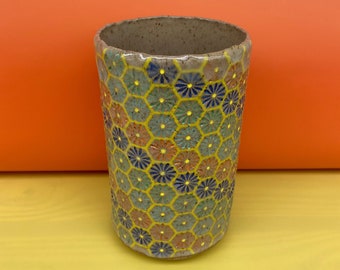 Handmade Hexagon Daisy Vase with Stamped Flowers & Colored Glazes