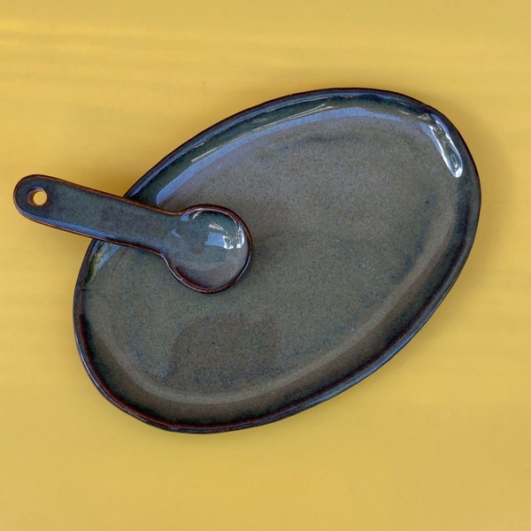 Handmade Mini Condiment Serving Dish with Spoon | Floating Blue Green Glaze