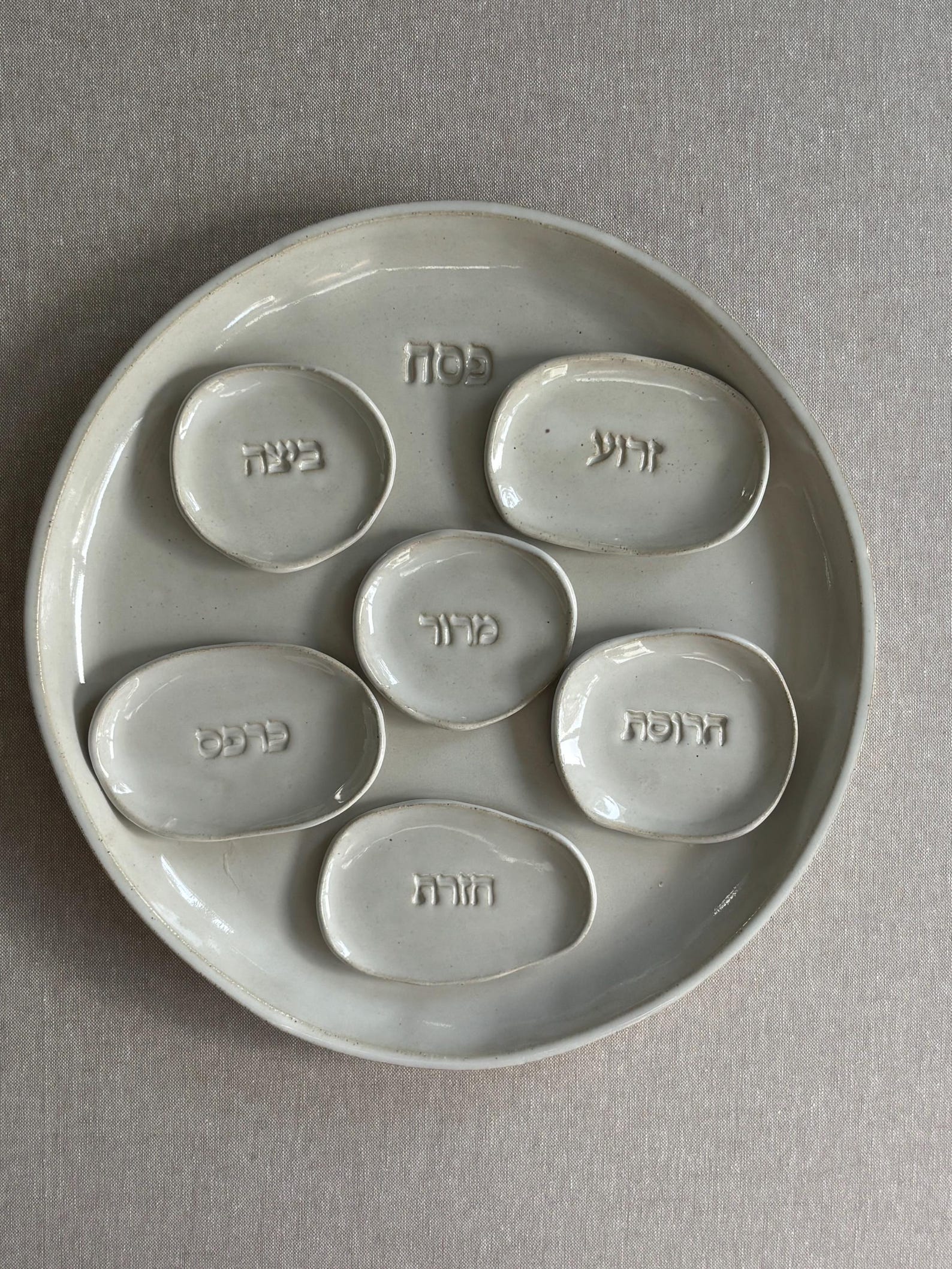 Handmade Modern Passover Seder Plate Set, White Glaze, Minimalist Judaica