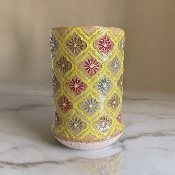 Handmade Stamped Tile Daisy Vase | Multicolored Glazes