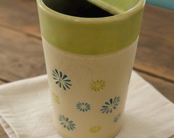 Handmade Daisy Tumbler, Green Turquoise Ceramic To-Go Cup Mug, With Reusable Steel Straw