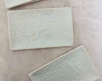 Set of 4 Lace Appetizer Tapas Dessert Plates | Pale Blue Chun Glaze | Handmade