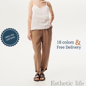 Relaxed Linen Pants – 100% Natural Fabric – Oversized Women&#39;s Trousers in Pastel Shades – Minimalist Capsule Wardrobe