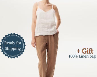 Tunna linnebyxor för kvinnor, i grönt, vitt, blått, rosa och andra färger. Tillverkade av 100 % stentvättat naturligt linne.