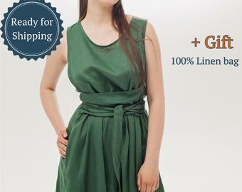 Elegant maxiklänning i linne från Boracay i grönt, vitt, blått, rosa och andra färger. Tillverkad av 100 % stentvättat naturligt linne.