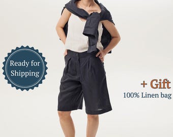 Lätt linne-shorts för kvinnor, knälånga, i grönt, vitt, blått, rosa och andra färger. Tillverkade av 100 % stentvättat naturligt linne.