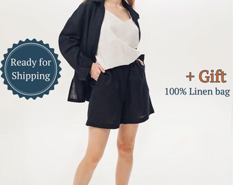 Tunna linneshorts för kvinnor, i grönt, vitt, blått, rosa och andra färger. Tillverkade av 100 % stentvättat naturligt linne