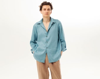 Basic Herren Leinenkragen Hemd in Grün, Weiß, Blau, Pink und anderen Farben. Hergestellt aus 100% stonewashed Naturleinen
