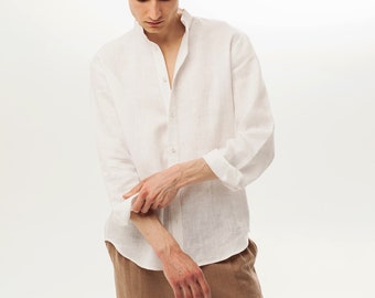 Men’s Linen Stand-Collar Buttoned Shirt in  White, Blue, Black,  Gift for him, Premium Linen, stonewashed natural linen