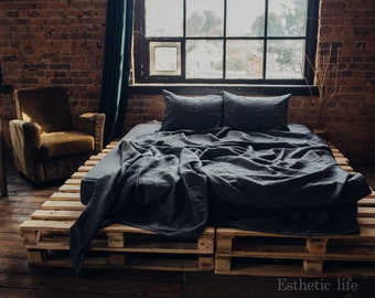 Sábana encimera de lino en color gris antracita (carbón, negro). Ropa de cama de lino suavizado y lavado a la piedra. Tamaño personalizado: King, Queen, Twin
