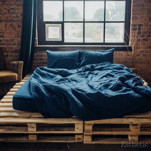 Linen Duvet Cover / Pearl shops Night Blue color /Duvet Cover / US King, US Full, US California King, Custom size