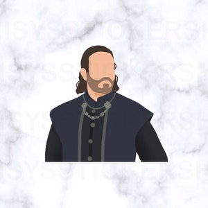 May include: A man with a beard and long dark hair is wearing a dark blue tunic with a silver chain necklace. He is looking to the right.