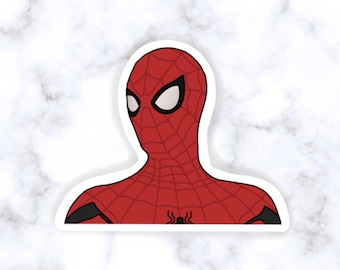 May include: A red and black superhero sticker with a white outline. The superhero is wearing a red and black suit with a spider symbol on the chest. The superhero's face is visible and has a white mask with black eyes.