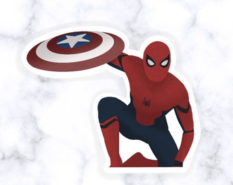 May include: A red and blue superhero with a spider design on their suit is holding a red, white, and blue shield in front of them. The superhero is kneeling with their left leg forward and their right leg bent behind them.