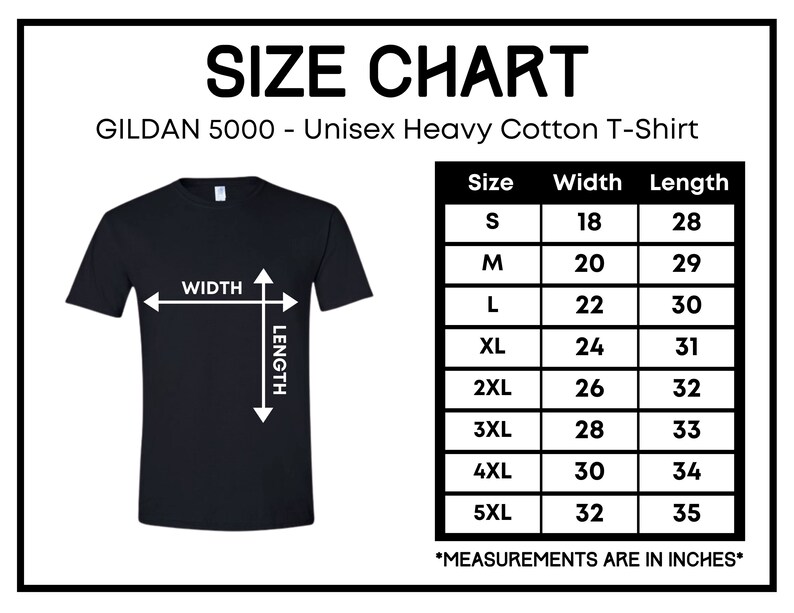Pu&ograve; includere: Tabella delle taglie per una T-shirt in cotone pesante unisex Gildan 5000. La tabella mostra le misure di larghezza e lunghezza in pollici per le taglie S a 5XL.