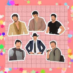 May include: Set of six illustrated stickers featuring different men with moustaches. The stickers are white with a black outline and feature a variety of characters, including a man in a suit, a man in a brown jacket, and a man in a military uniform.