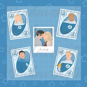 May include: A blue and white illustration featuring a central polaroid photo with a couple and the text "As a family". Four playing cards with character portraits and the number four surround the photo.