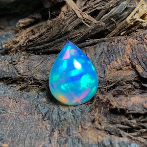 Natural Blue Fire Opal Cabochon, AAA Grade Ethiopian Opal Gemstone, Opal Jewelry, Welo Opal, Rainbow Fire Opal Pear Shape Stone 2.30 carat