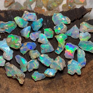 May include: A collection of raw opal gemstones in various sizes and shapes. The opals are a mix of white, blue, green, and iridescent colors. The stones are displayed on a piece of wood.