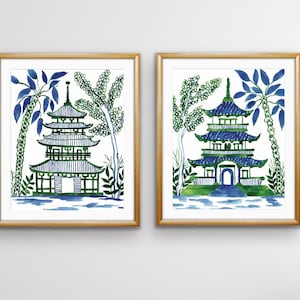 Set of 2 Watercolor Pagoda Signed Prints, 8x10, Chinoiserie, Chinoiserie Art, Chinoiserie Prints, Chinoiserie Style, Pagoda Art, Blue Green