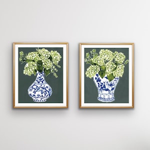 Set of 2 Watercolor Hydrangea Prints, Unframed, Chinoiserie, Chinoiserie Art, Chinoiserie Prints, ChinoiserieArt, Blue Green, Blue and White