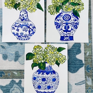 Set of 3 Watercolor Blue and White  Original Paintings, Chinoiserie, Chinoiserie Art, Chinoiserie Prints, Chinoiserie Style, Blue Green