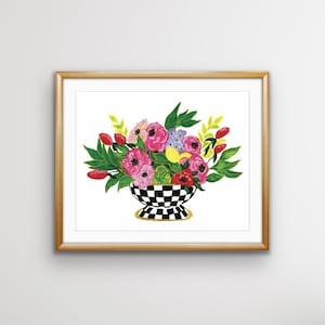 May include: A framed print of a watercolor painting featuring a black and white checkered bowl filled with pink, red, and purple flowers. The bowl has a gold rim and sits on a white background.